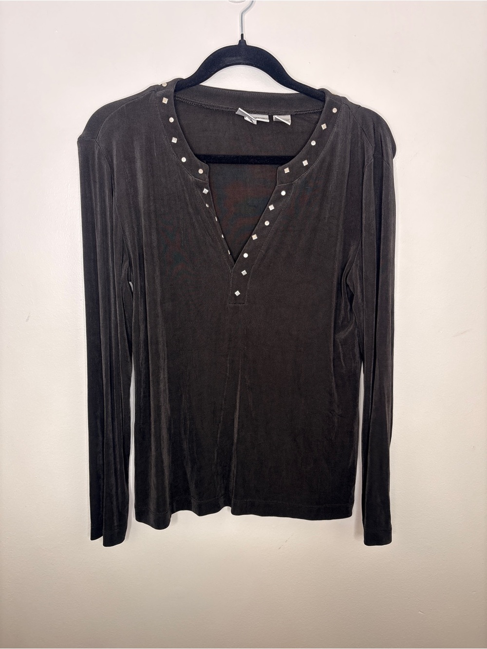 Chico's Black Long-Sleeve V-Neck Top with Silver Studs